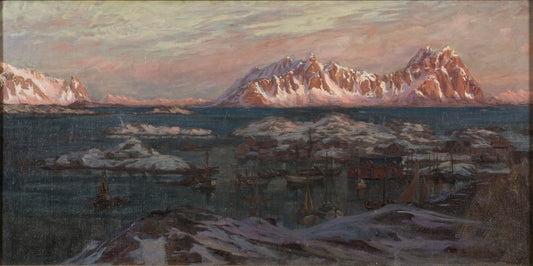 Fishing Harbour with Sunlit Mountains. Study from North Norway, vintage artwork by Anna Boberg, 12x8" (A4) Poster