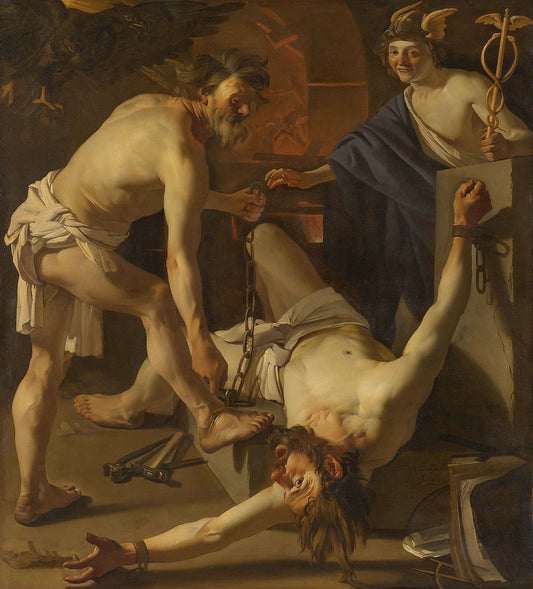 Prometheus Being Chained by  Vulcan, vintage artwork by Dirck van Baburen, 12x8" (A4) Poster