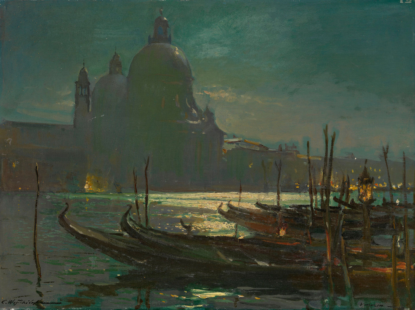 View of Santa Maria della Salute at Night, vintage artwork by Konstantin Westchilov, 12x8" (A4) Poster