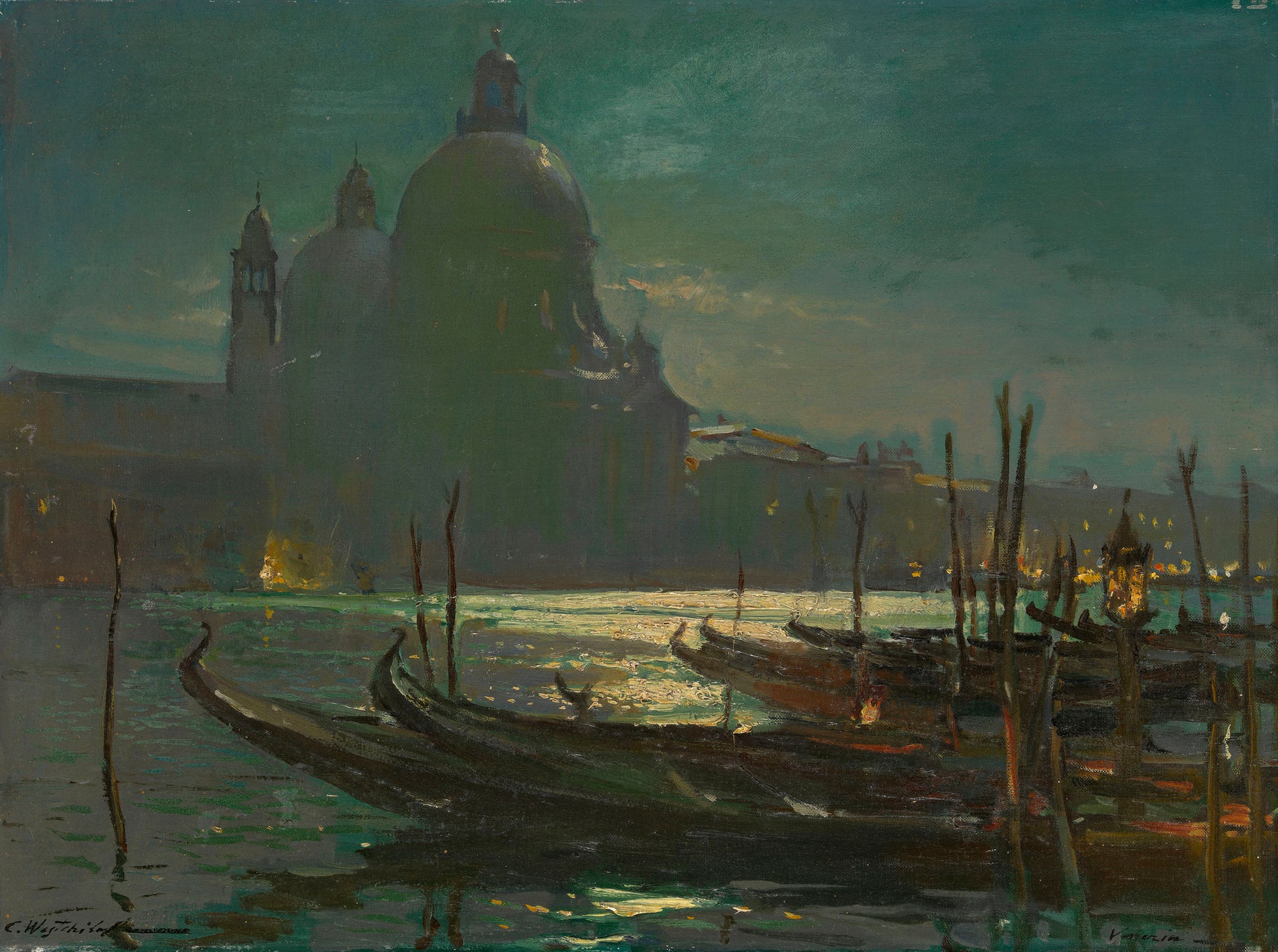View of Santa Maria della Salute at Night, vintage artwork by Konstantin Westchilov, 12x8" (A4) Poster