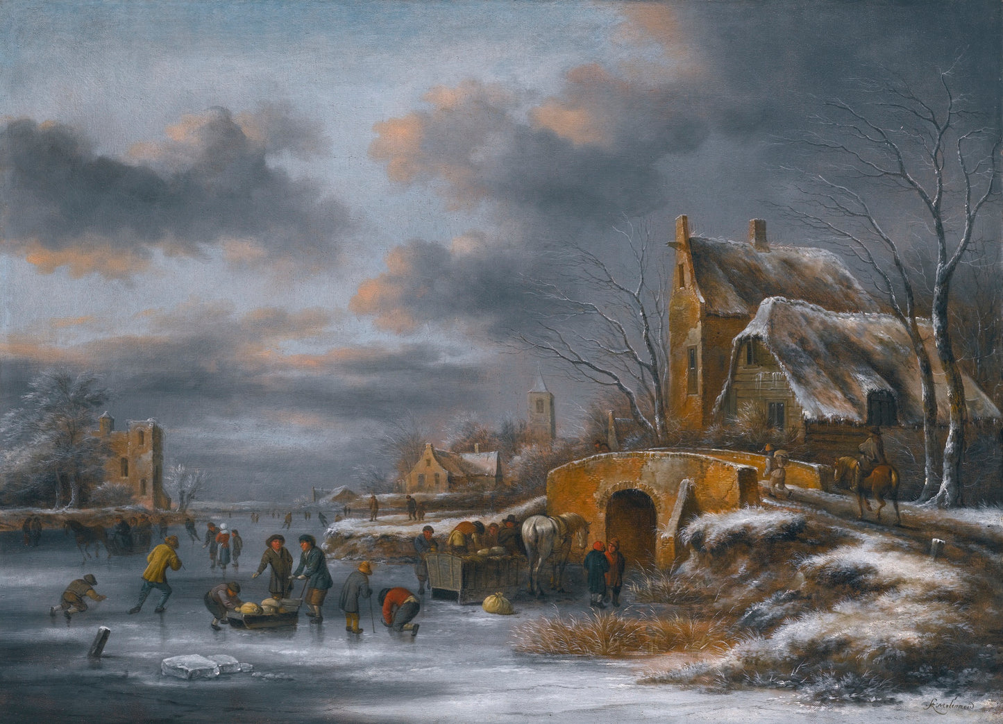 A winter landscape with figures skating on a frozen river, vintage artwork by Klaes Molenaer, 12x8" (A4) Poster