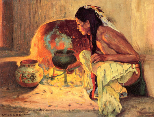 A Pueblo Fireplace, vintage artwork by Eanger Irving Couse, 12x8" (A4) Poster