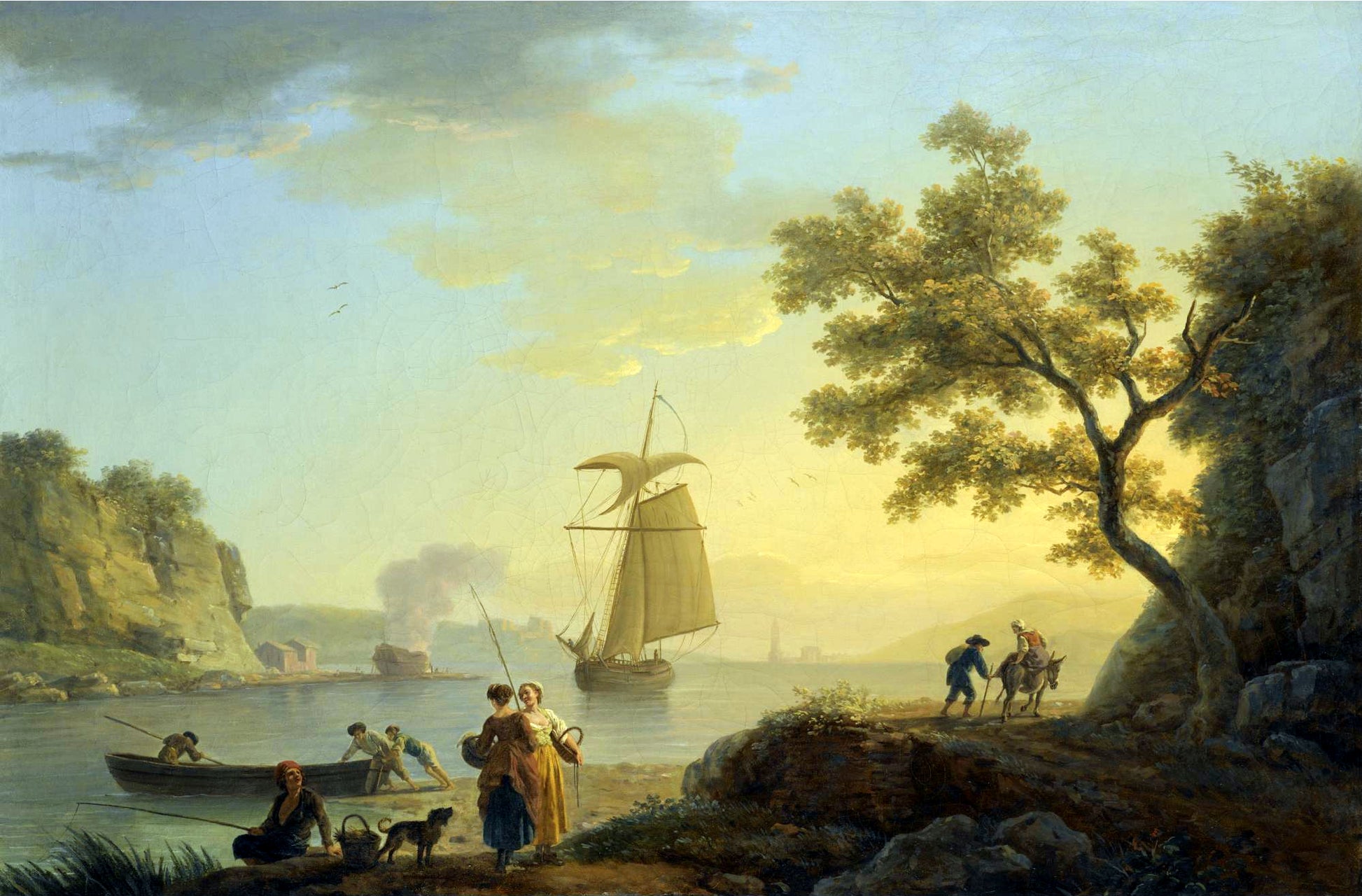 An Extensive Coastal Landscape with Fishermen Unloading their Boats, vintage artwork by Claude-Joseph Vernet, 12x8" (A4) Poster