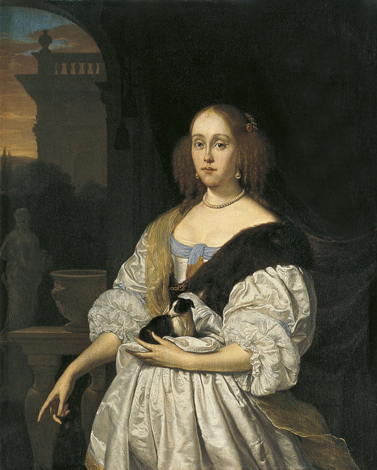 Portrait of a Lady with a Lapdog, vintage artwork by Frans van Mieris the Elder, 12x8" (A4) Poster