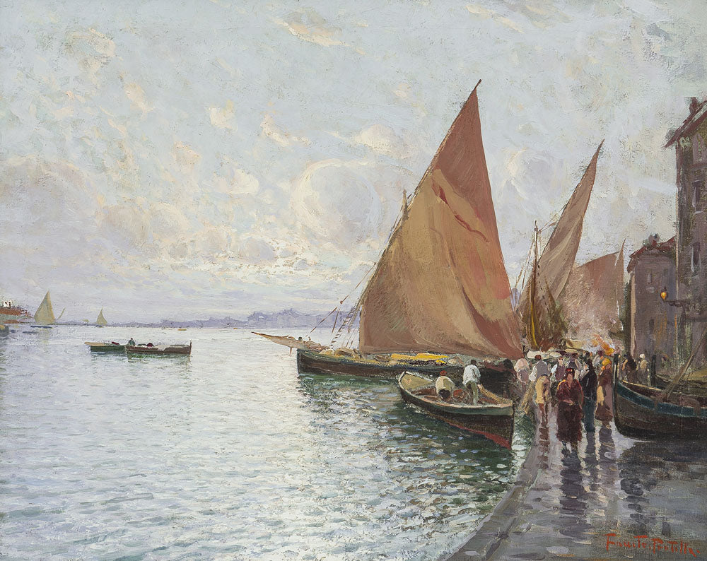 The Harbor, vintage artwork by Fausto Pratella, 12x8" (A4) Poster