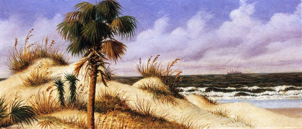Florida Seascape with Sand Dune, Palm Tree, and Steamship, vintage artwork by William Aiken Walker, 12x8" (A4) Poster