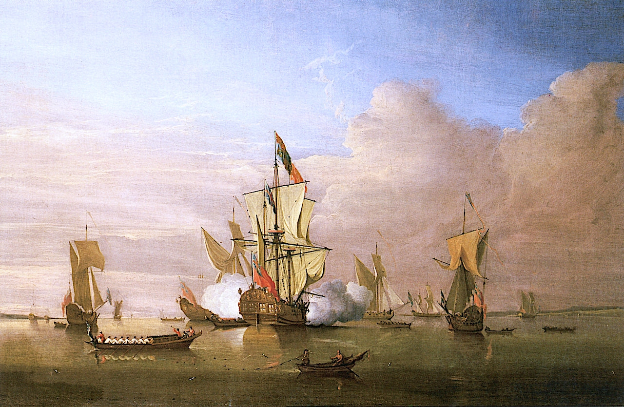 The Royal Yacht 'Peregrine' Arriving in the Thames Estuary with King George I aboard in September 17, vintage artwork by Peter Monamy, 12x8" (A4) Poster