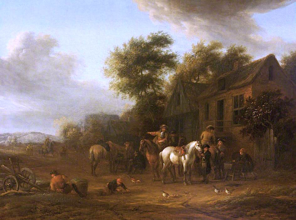 Horsemen Outside a Cottage, vintage artwork by Barend Gael, 12x8" (A4) Poster