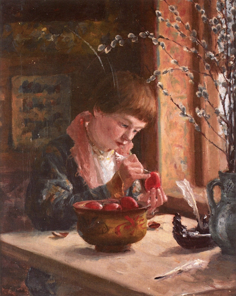 Easter Preparations, vintage artwork by Sergei Miloradovich, 12x8" (A4) Poster
