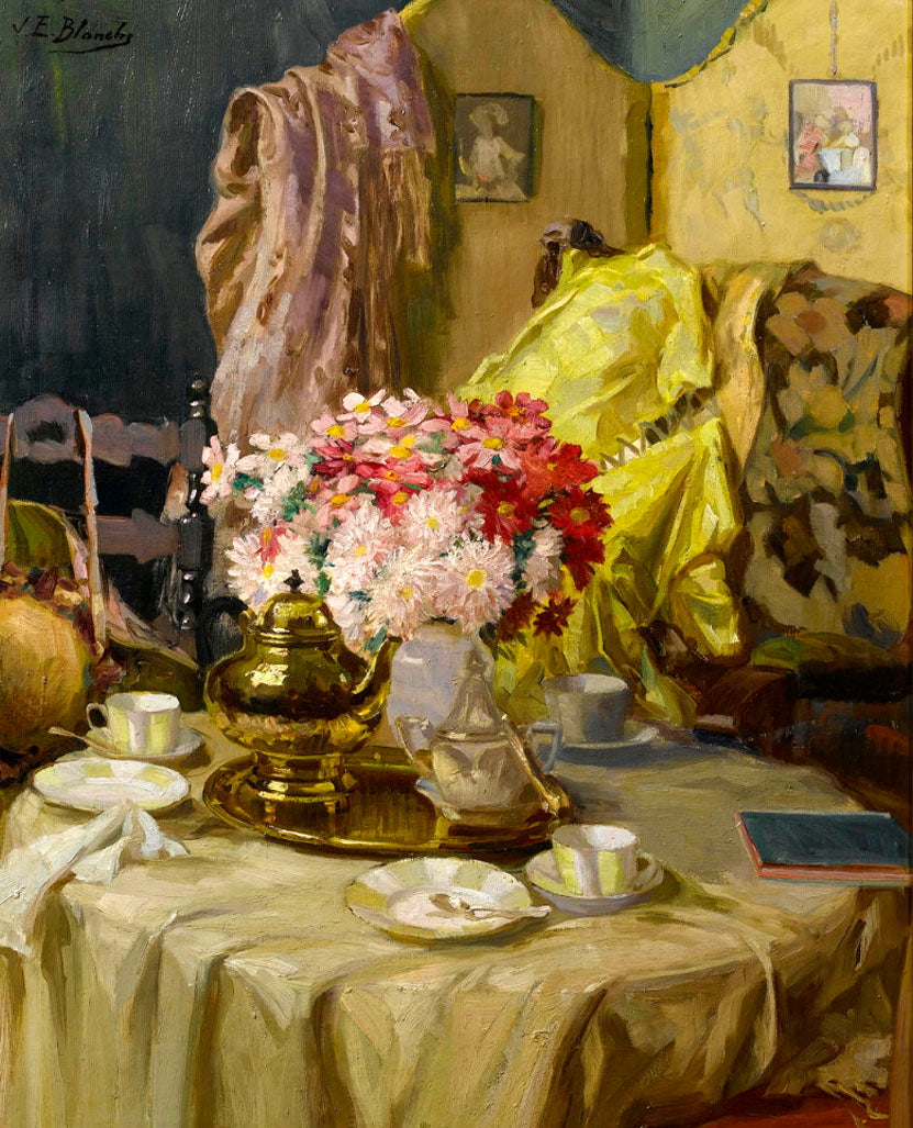Interior with flowers and tea set, vintage artwork by Jacques-Émile Blanche, 12x8" (A4) Poster