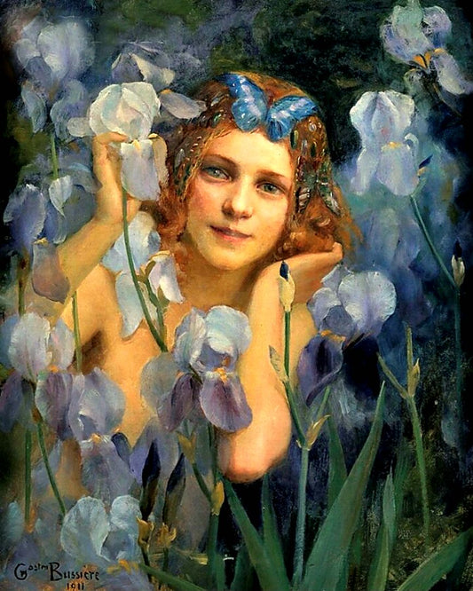 Wood Nymph Among Irises, vintage artwork by Gaston Bussiere, 12x8" (A4) Poster
