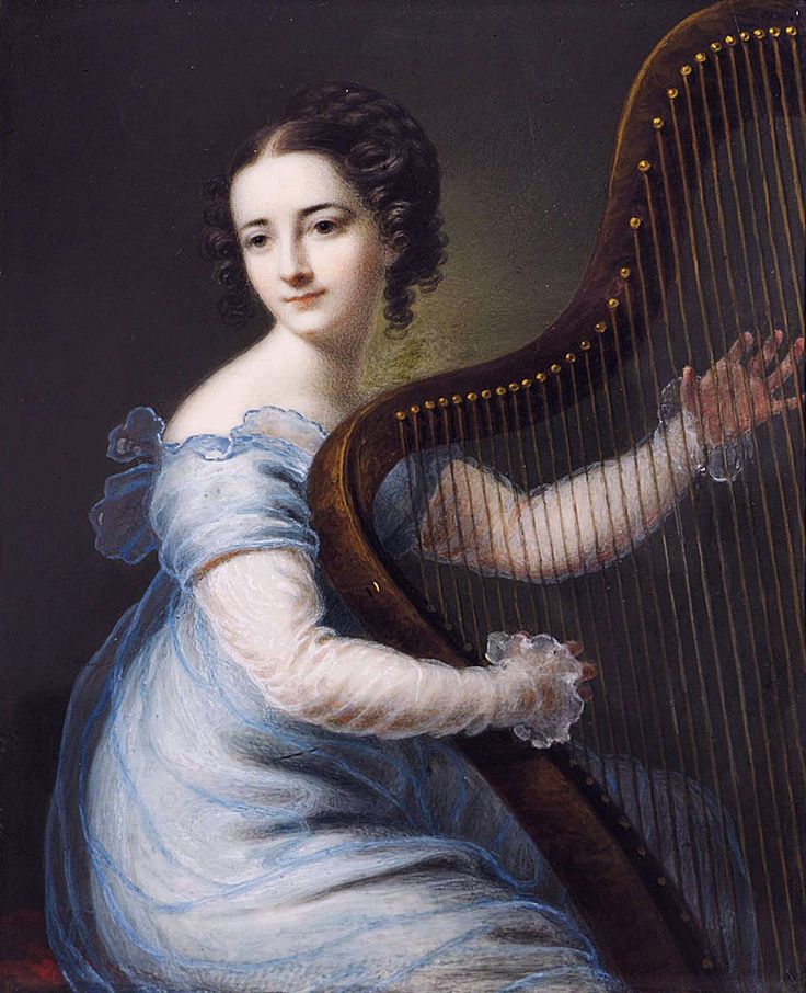 Dorette Spohr, nee Scheidler, playing the Harp, vintage artwork by Karl Gottlob Schmeidler, 12x8" (A4) Poster