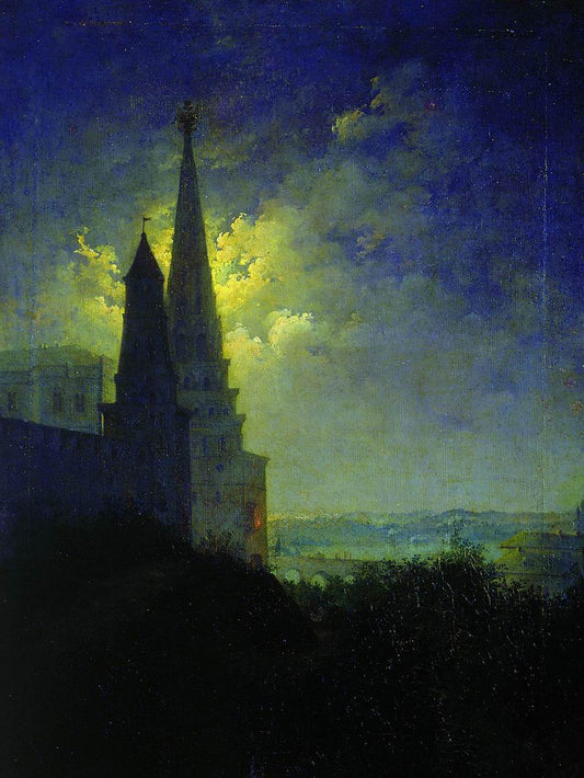 The Moscow Kremlin at Night, vintage artwork by Mikhail Bocharov, 12x8" (A4) Poster