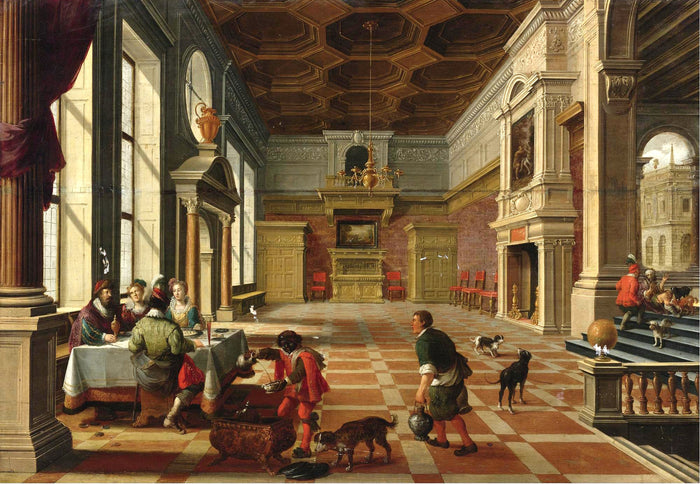 Interior of a Palace with Elegant Figures Dining, vintage artwork by Bartholomeus van Bassen, 12x8