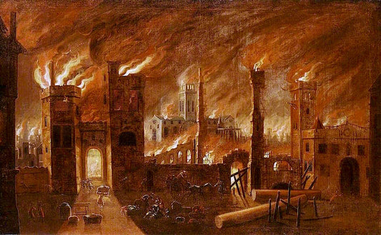 The Great Fire of London, 1666, vintage artwork by Jan Griffier, 12x8" (A4) Poster