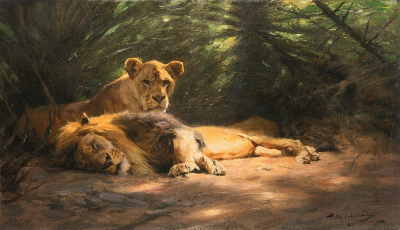 The Lion's Den, vintage artwork by Wilhelm Kuhnert, 12x8" (A4) Poster