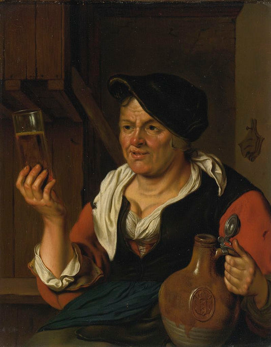 Peasant Woman In An Interior Holding a Glass of Beer and Jug, vintage artwork by Carel de Moor, 12x8" (A4) Poster