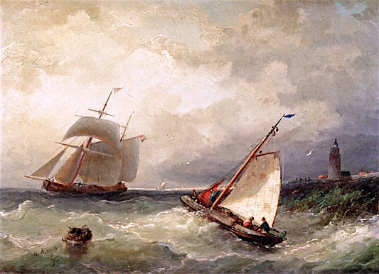 A Stiff Breeze with a Flatboat and a Two-Master near the Dutch Coast, vintage artwork by Nicolaas Riegen, 12x8" (A4) Poster