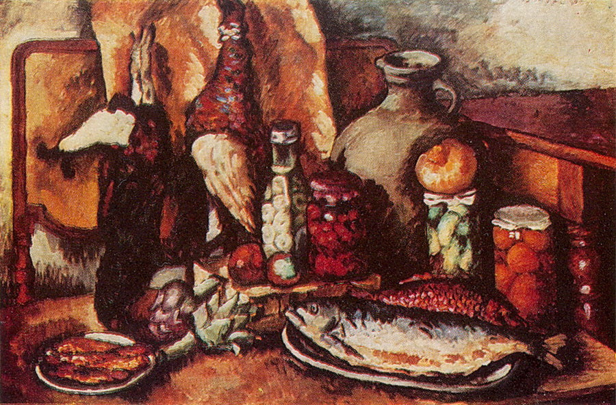 Game, fish and pickles, vintage artwork by Ilya Mashkov, 12x8" (A4) Poster
