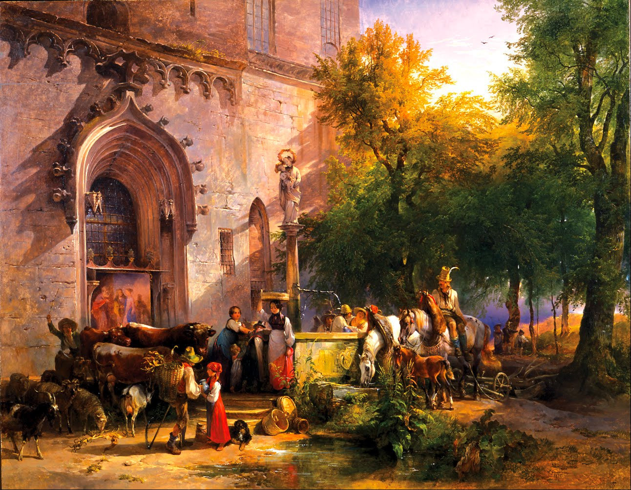 At the Monastery Fountain, vintage artwork by Friedrich Gauermann, A3 (16x12") Poster Print