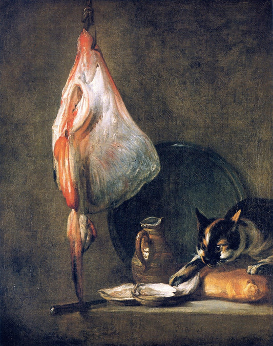 Cat with Ray, Oysters, Pitcher and Loaf of Bread, vintage artwork by Jean-Baptiste-Simeon Chardin, 12x8" (A4) Poster