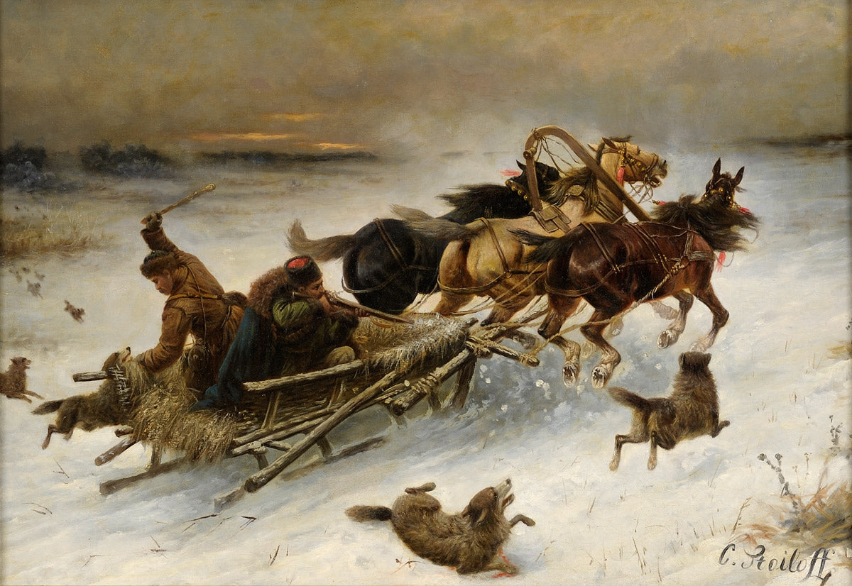 The Horse Sleigh Attacked by  Wolves, vintage artwork by Constantin Stoiloff, 12x8" (A4) Poster