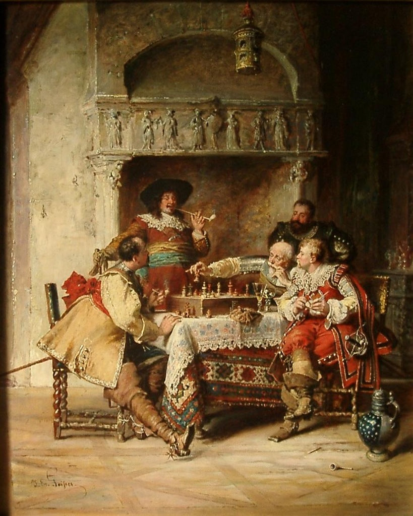 Musketeers Playing Chess, vintage artwork by Paul Emanuel Gaisser, 12x8" (A4) Poster
