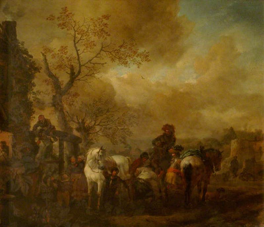 A Farrier's Shop with a White Horse being Shod, vintage artwork by Philips Wouwerman, 12x8" (A4) Poster