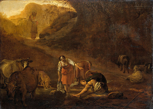 A Shepherd and Washerwomen at a Spring, vintage artwork by Pieter van Laer, 12x8" (A4) Poster