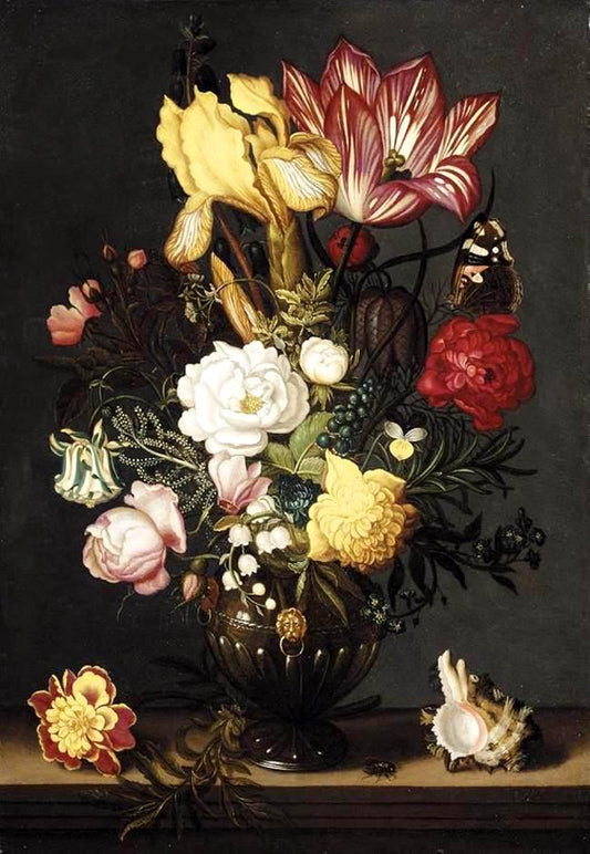 Flowers in a decorative vase, flanked by  a shell and marigold, on a stone plinth, vintage artwork by Ambrosius Bosschaert the Younger, 12x8" (A4) Poster