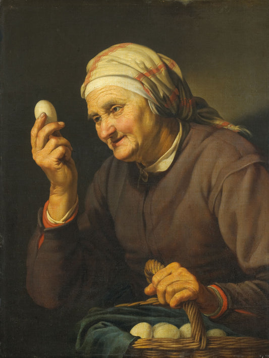 Old Woman Selling Eggs, vintage artwork by Hendrick Bloemaert, 12x8" (A4) Poster