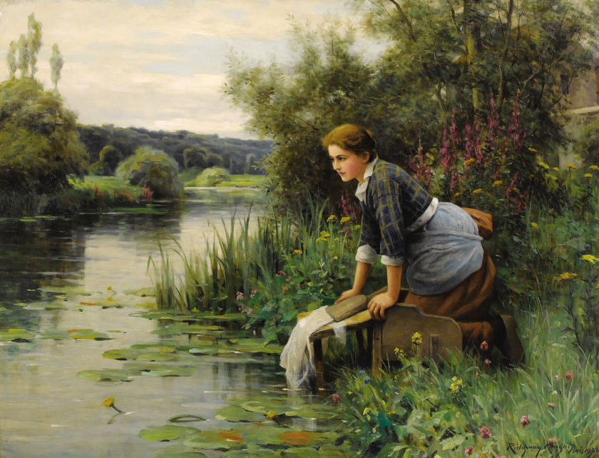 Laundress by  the Water's Edge, vintage artwork by Daniel Ridgway Knight, 12x8" (A4) Poster