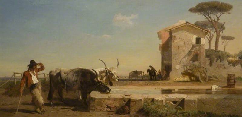 Cattle at a Drinking Place in the Campagna, Rome, vintage artwork by Georges Heming Mason, A3 (16x12") Poster Print