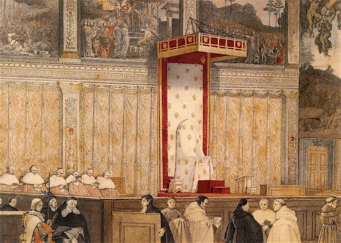 Nomination of a prefect of Rome in the Sistine Chapel, vintage artwork by Jean-Auguste-Dominique Ingres, 12x8