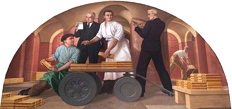 Moving Gold in the Old Gold Vault, vintage artwork by Colin Unwin Gill, 12x8" (A4) Poster