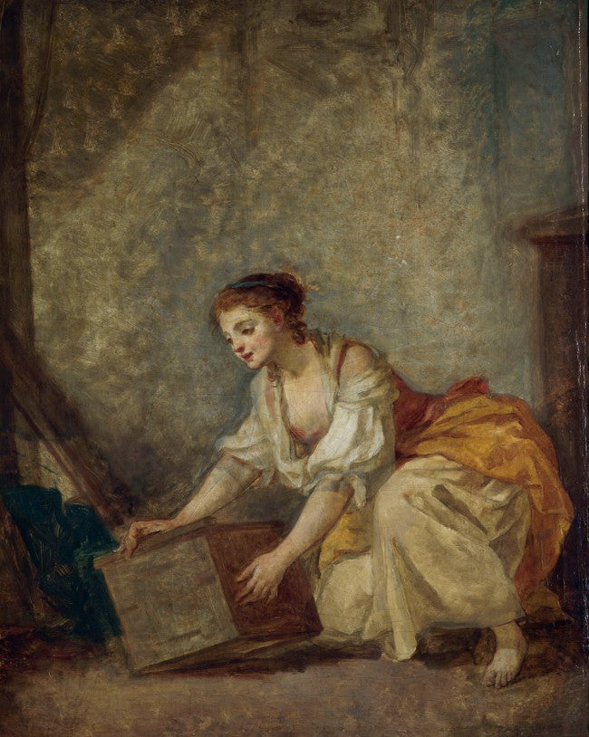 Jeune Fille Soulevant un Coffre, vintage artwork by Jean-Baptiste Greuze, 12x8" (A4) Poster