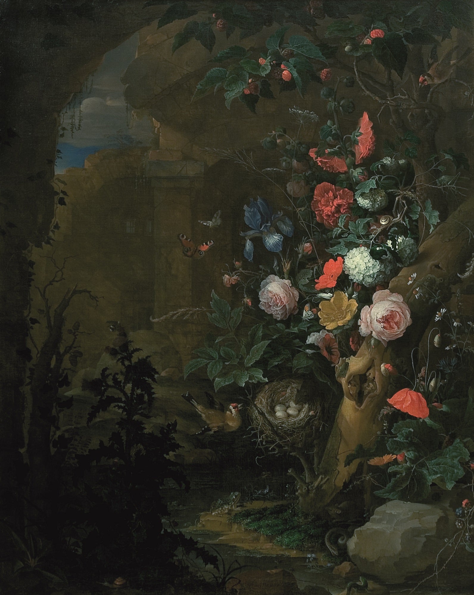 Flowers in a Grotto, vintage artwork by Abraham Mignon, 12x8" (A4) Poster