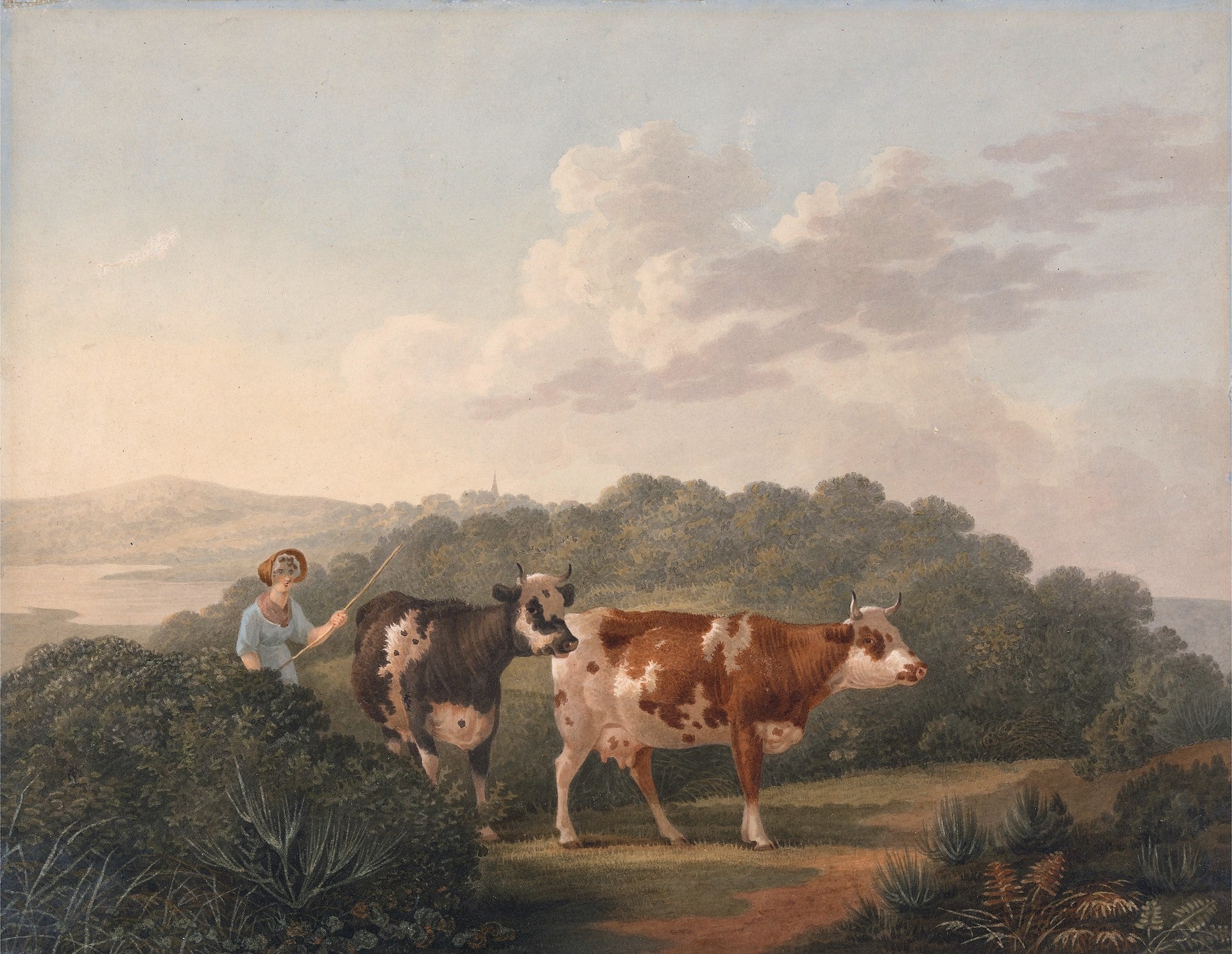 Woman with Cattle, vintage artwork by Francis Towne, 12x8" (A4) Poster