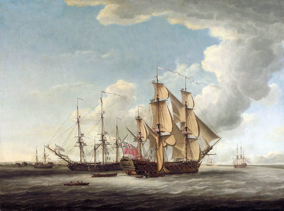 Two 32-Gun Frigates Receiving their Captains, vintage artwork by John Cleveley the Elder, 12x8" (A4) Poster
