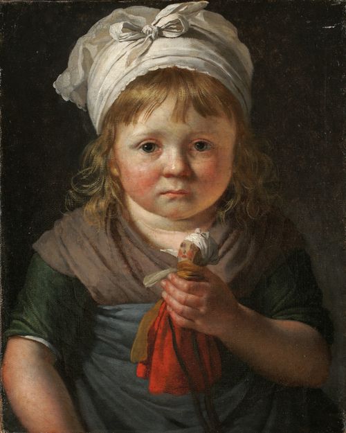 Little Peasant Girl with a Doll, vintage artwork by Anne-Louis Girodet de Roussy-Trioson, 12x8" (A4) Poster