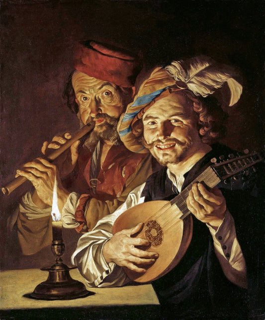 Lute Player and Flute Player, vintage artwork by Matthias Stomer, 12x8" (A4) Poster