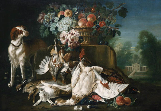 Still-Life with Spaniel and Dead Game, vintage artwork by Pieter Casteels, 12x8" (A4) Poster