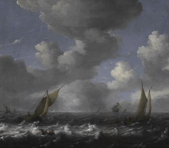 Seascape:  Fishing Boats, vintage artwork by Ludolf Backhuysen, 12x8" (A4) Poster