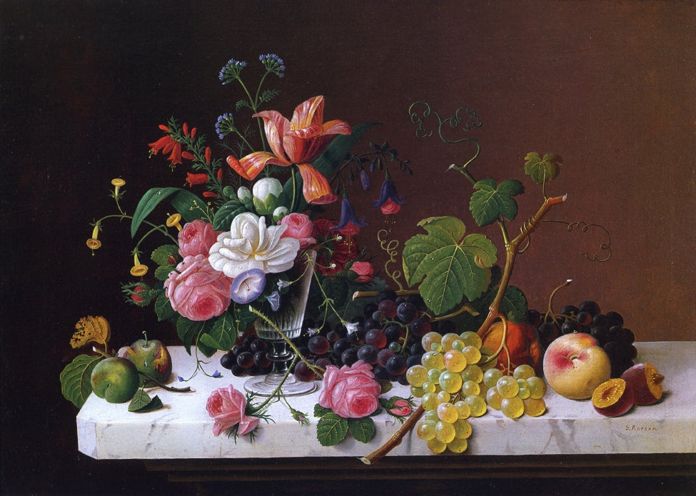 Fruit and Flowers on a Marble Table Ledge, vintage artwork by Severin Roesen, A3 (16x12") Poster Print