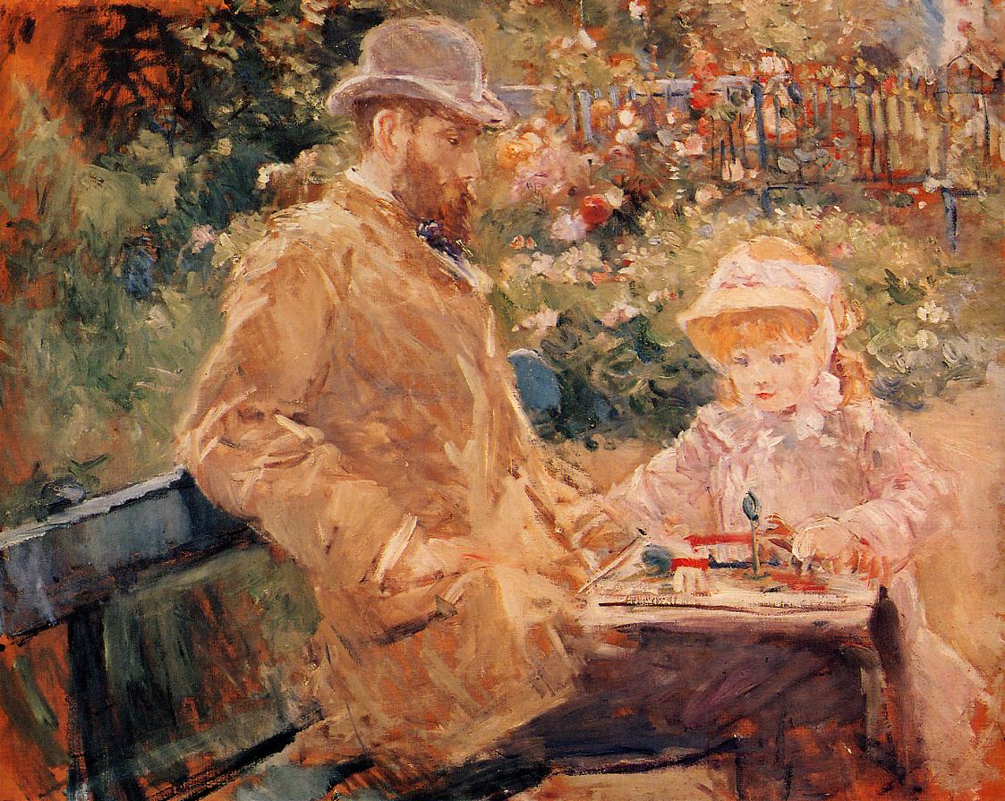 Eugene Manet and His Daughter at Bougival, vintage artwork by Berthe Morisot, 12x8" (A4) Poster