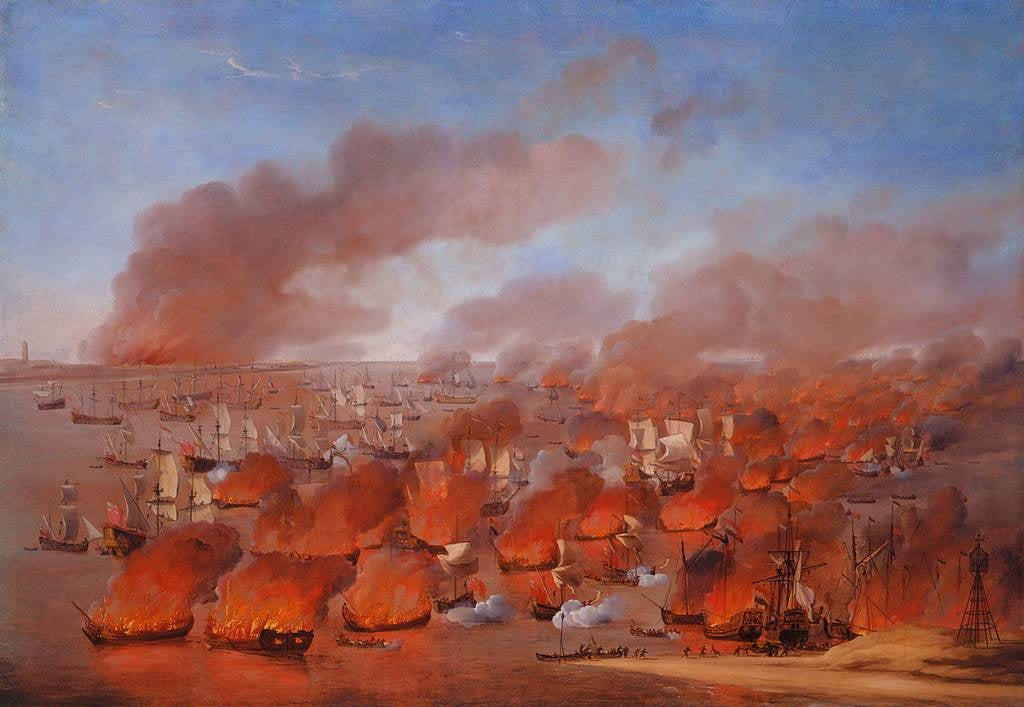 The Burning of Dutch Merchant Ships between Terschelling and Vlieland, 19th August 1666, vintage artwork by Willem van der Velde the Elder, 12x8" (A4) Poster