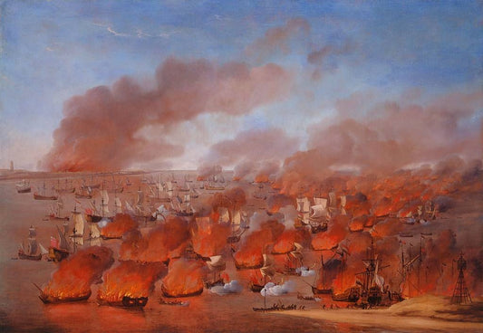 The Burning of Dutch Merchant Ships between Terschelling and Vlieland, 19th August 1666, vintage artwork by Willem van der Velde the Elder, 12x8" (A4) Poster