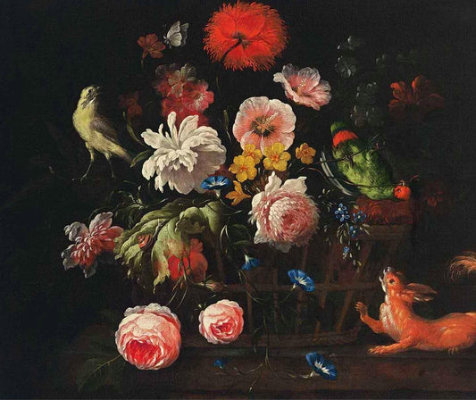 A Still Life with Flowers, a Small Parrot, a Woodsnail and a Squirrel, vintage artwork by Philip van Kouwenbergh, 12x8" (A4) Poster
