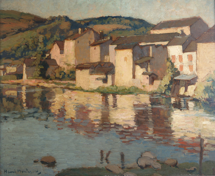 Village on the Riverbank, vintage artwork by Henri Montassier, 12x8" (A4) Poster