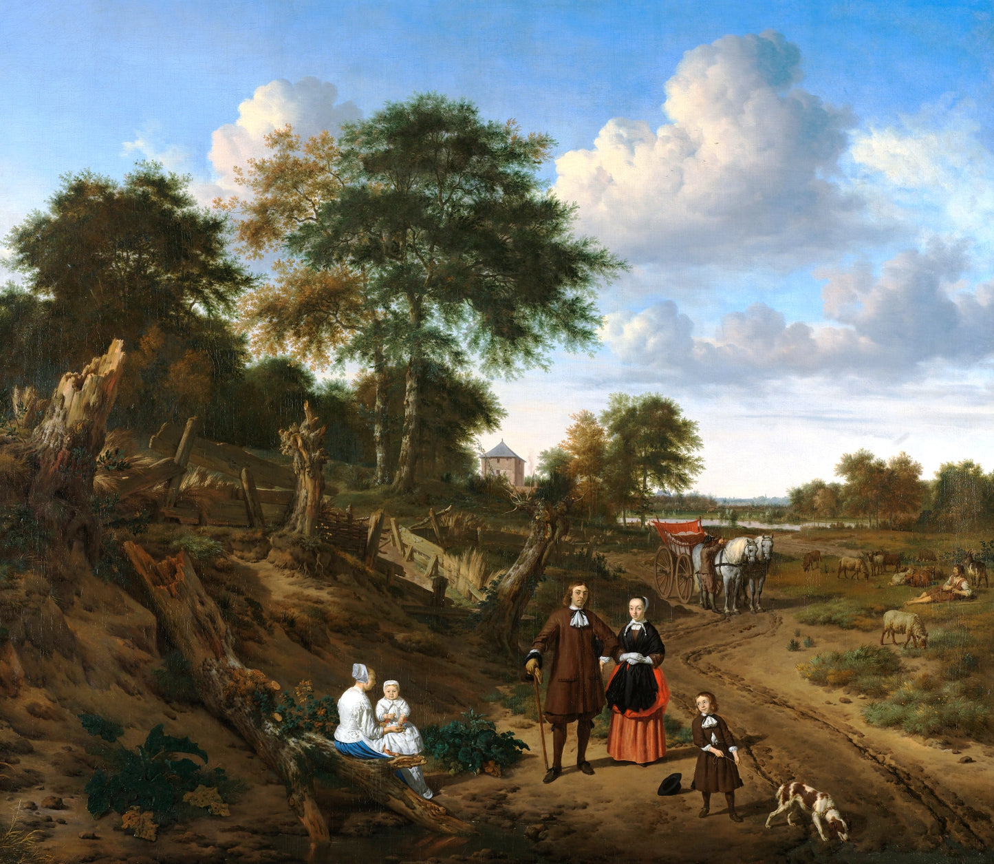 Portrait of a Couple with two Children and a Nursemaid in a Landscape, vintage artwork by Adriaen van de Velde, 12x8" (A4) Poster